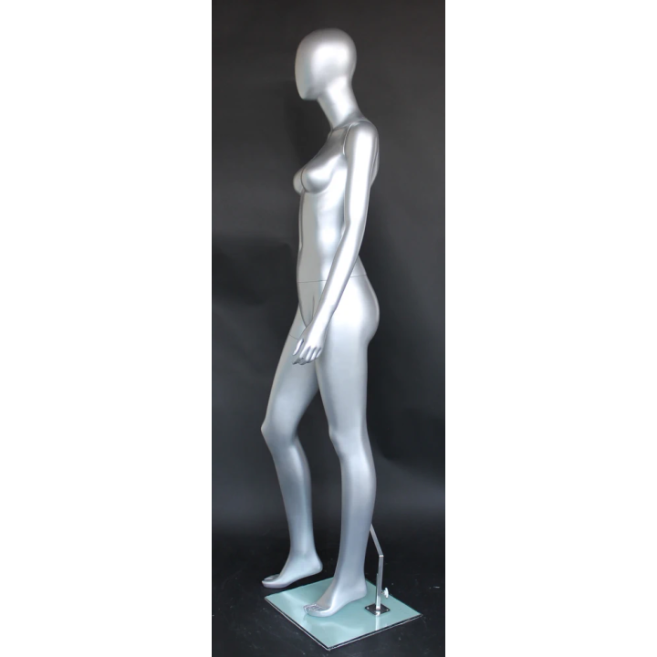 SFW46E-ST - Matte Silver Egg Head Female Mannequin Right Leg Forward