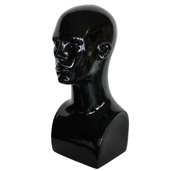 MH9-HB - 19 in Glossy Black Featured Face Male Head Mannequin