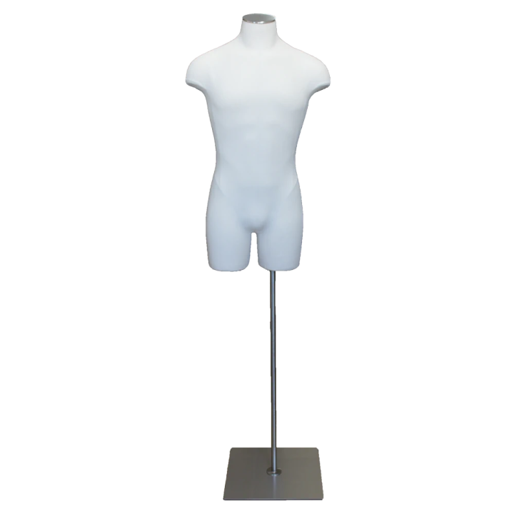 MDF4-WM - Size L White Linen 3Q Male Body form mannequin Metal Neck Base