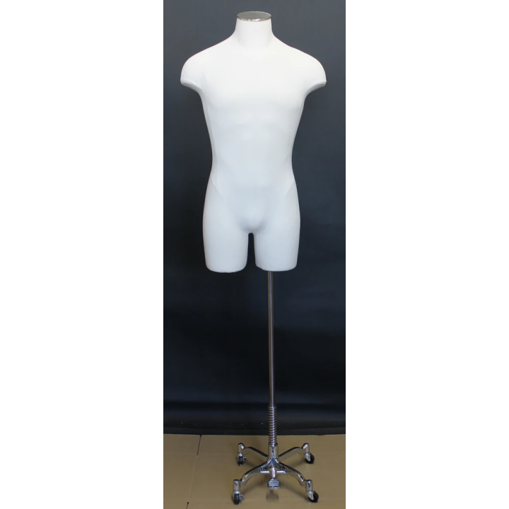 MDF4-DMB-CH - White Linen Male 3Q Body form mannequin 4 Wheel Chrome Base
