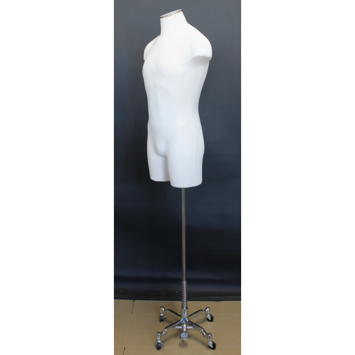 MDF4-DMB-CH - White Linen Male 3Q Body form mannequin 4 Wheel Chrome Base