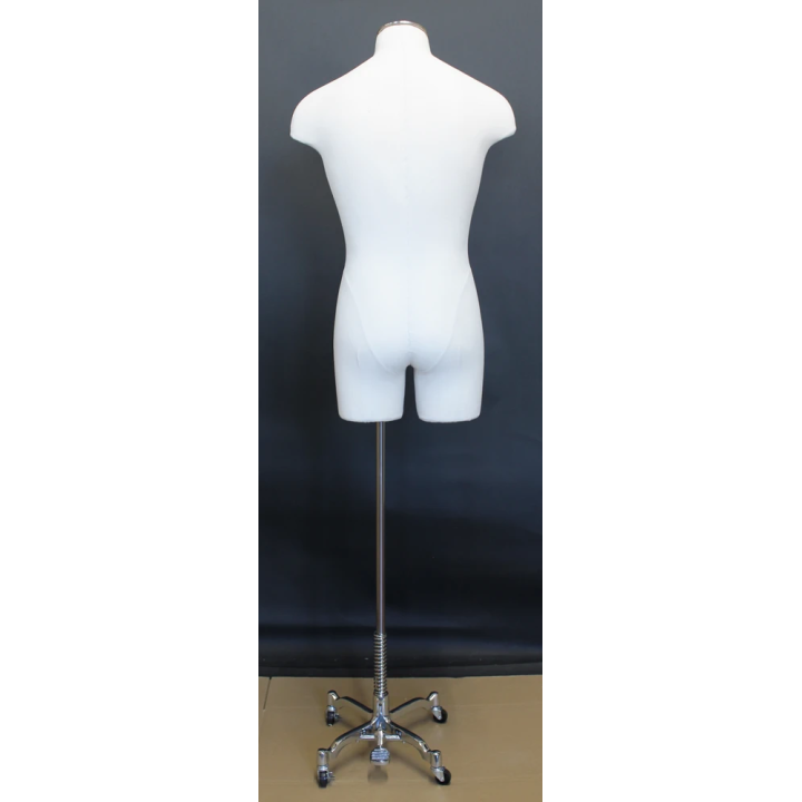 MDF4-DMB-CH - White Linen Male 3Q Body form mannequin 4 Wheel Chrome Base