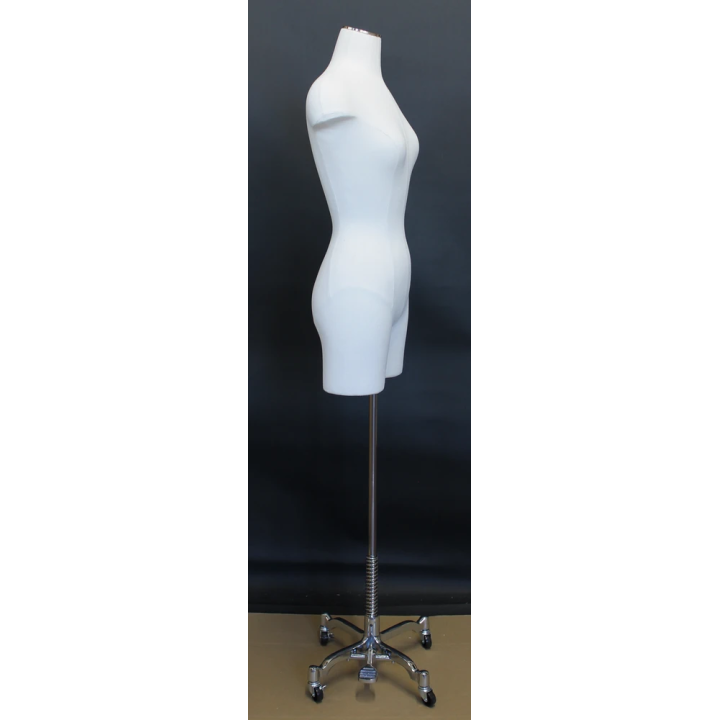 BF4-DMB-CH - White Linen Female 3Q Body form mannequin Chrome 4 Wheel Base