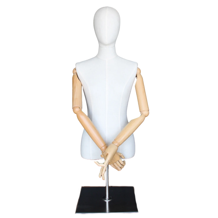 BFWH-1SM - White Linen Female Half Body mannequin with wooden Arms Metal Base