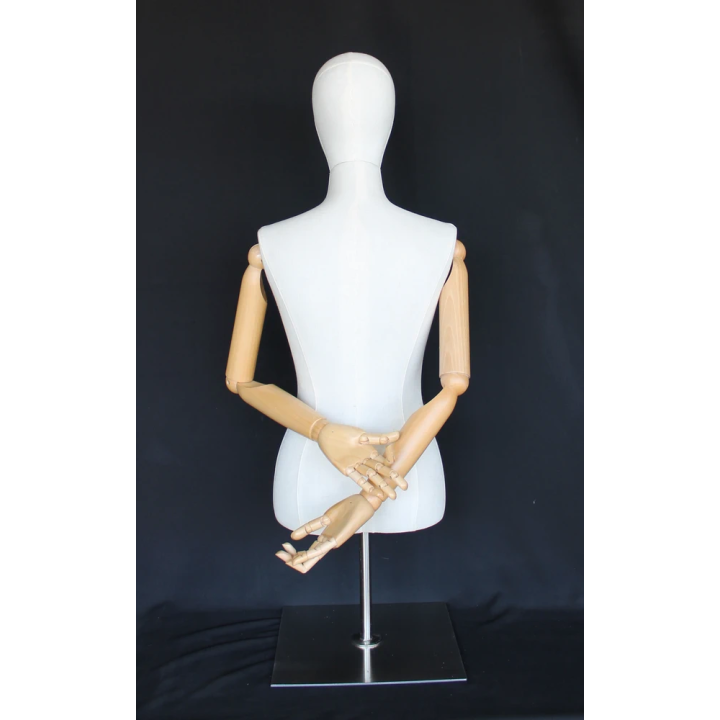 BFWH-1SM - White Linen Female Half Body mannequin with wooden Arms Metal Base