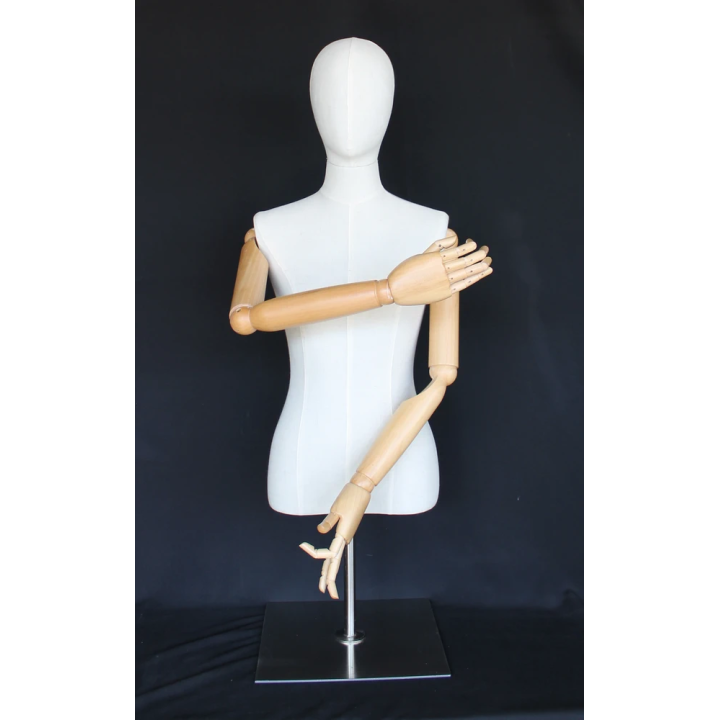 BFWH-1SM - White Linen Female Half Body mannequin with wooden Arms Metal Base