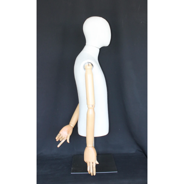 BFMH-1SM - White Linen Male Half Body mannequin with wooden Arms Metal Base