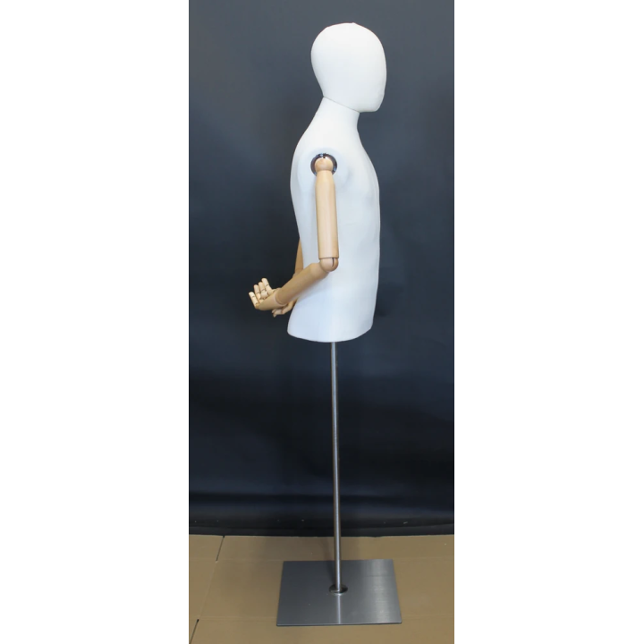 BFMH-1WM - White Linen Male Half Body mannequin with wooden Arms Floor Metal Base