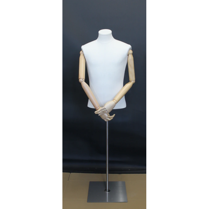 BFMH-1WM - White Linen Male Half Body mannequin with wooden Arms Floor Metal Base