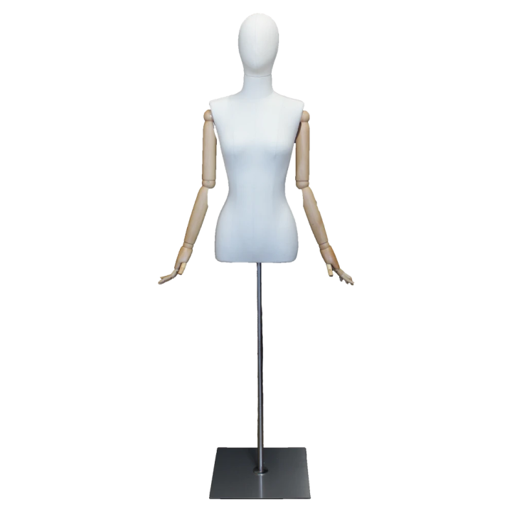 BFWH-1WM - White Linen Female Half Body mannequin wooden Arms Floor Metal Base