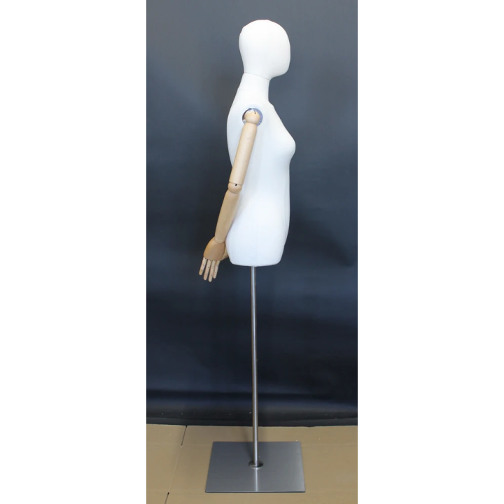 BFWH-1WM - White Linen Female Half Body mannequin wooden Arms Floor Metal Base