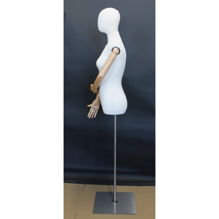 BFWH-1WM - White Linen Female Half Body mannequin wooden Arms Floor Metal Base