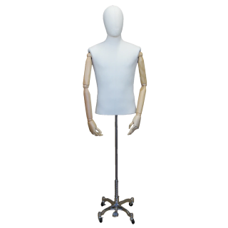 BFMH-1-DMB-CH - Linen Covered Male Half Body mannequin Wooden Arms 4 Wheel Chrome Base