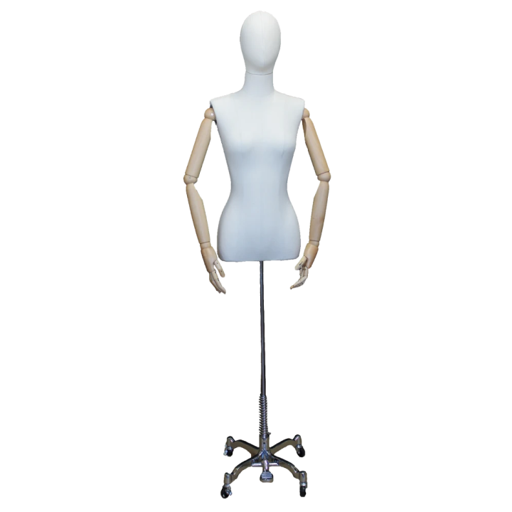 BFWH-1-DMB-CH - White Female Half Body mannequin Wooden Arms 4 Wheel Chrome Base