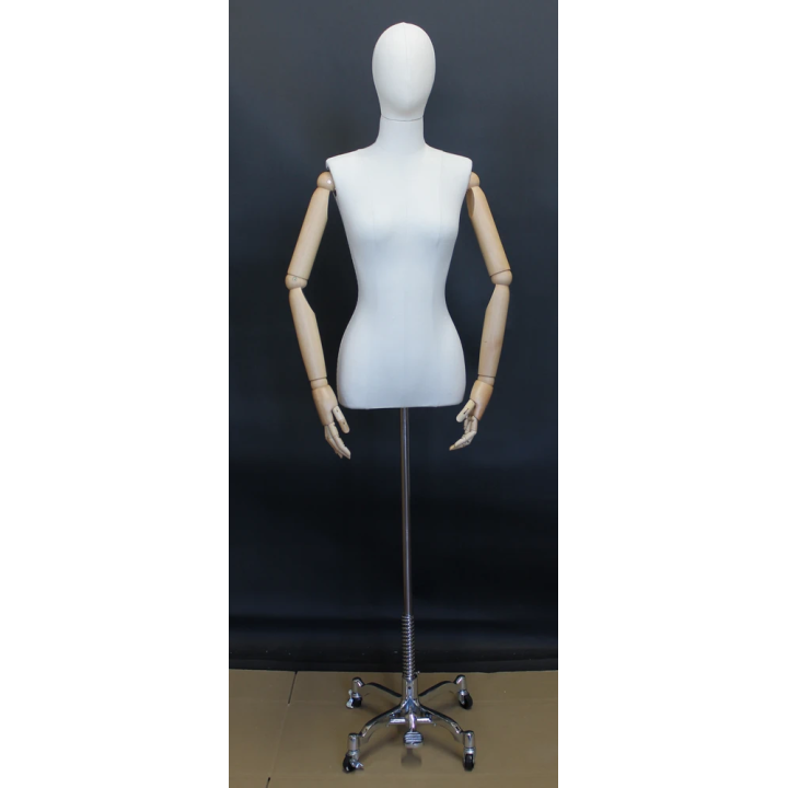 BFWH-1-DMB-CH - White Female Half Body mannequin Wooden Arms 4 Wheel Chrome Base