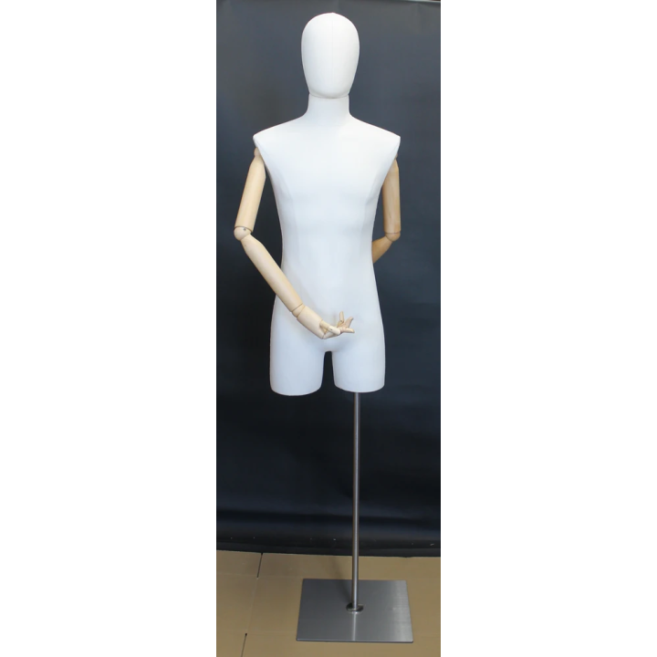 BFMH-2WM - White Linen Male 3Q Body Form mannequin with Head Wooden Arms Floor Metal Base
