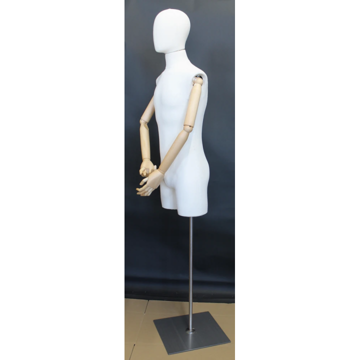 BFMH-2WM - White Linen Male 3Q Body Form mannequin with Head Wooden Arms Floor Metal Base