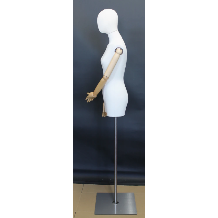 BFWH-2WM - White Linen Female 3Q Body mannequin Egg Head Wooden Arms Floor Metal Base