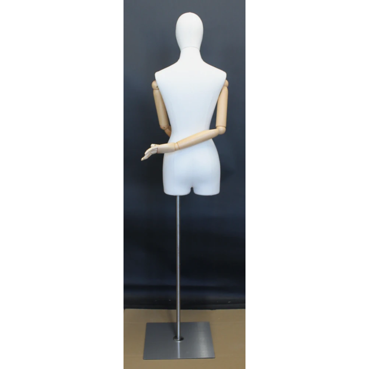 BFWH-2WM - White Linen Female 3Q Body mannequin Egg Head Wooden Arms Floor Metal Base