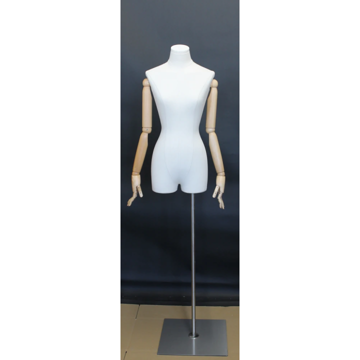 BFWH-2WM - White Linen Female 3Q Body mannequin Egg Head Wooden Arms Floor Metal Base