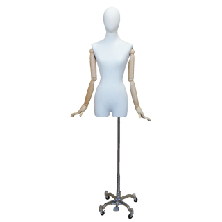 BFWH-2WM - White Linen Female 3Q Body mannequin wooden Arms 4 wheel Chrome base