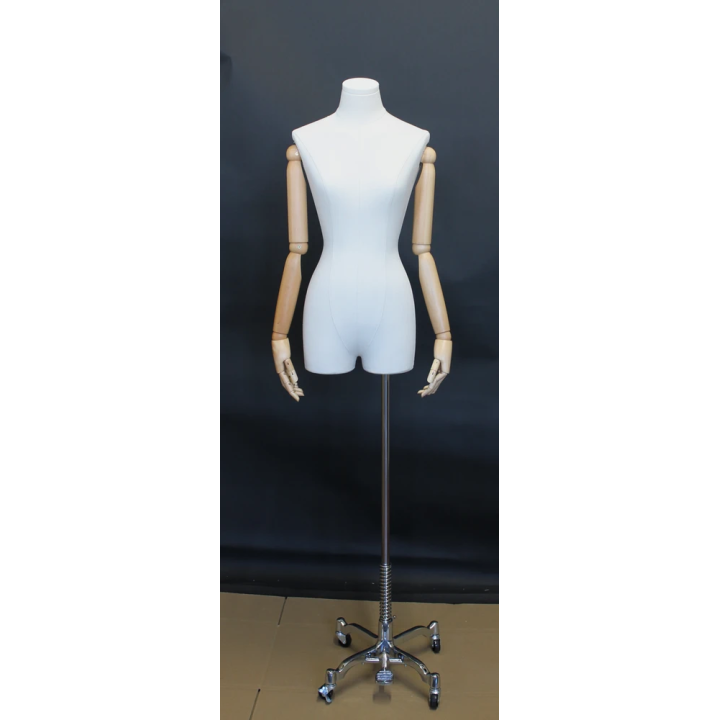 BFWH-2WM - White Linen Female 3Q Body mannequin wooden Arms 4 wheel Chrome base