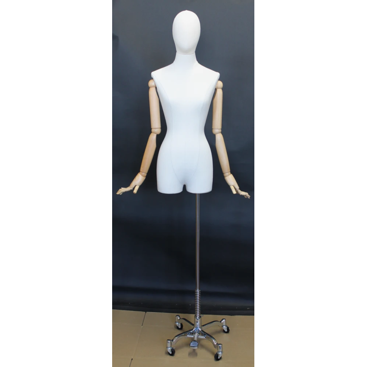 BFWH-2WM - White Linen Female 3Q Body mannequin wooden Arms 4 wheel Chrome base