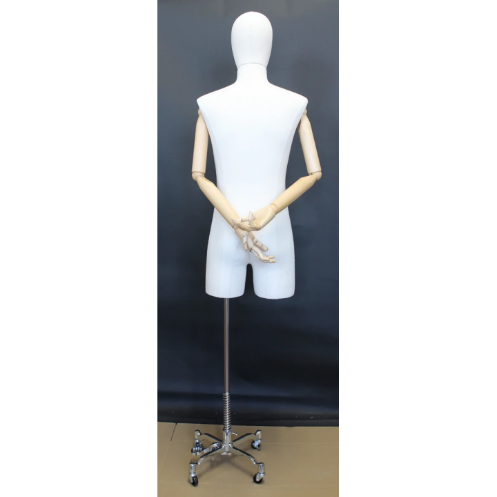 BFMH-2-DMB-CH - White Linen Male 3Q Body Form mannequin with Head Wooden Arms Chrome 4 Wheel Base