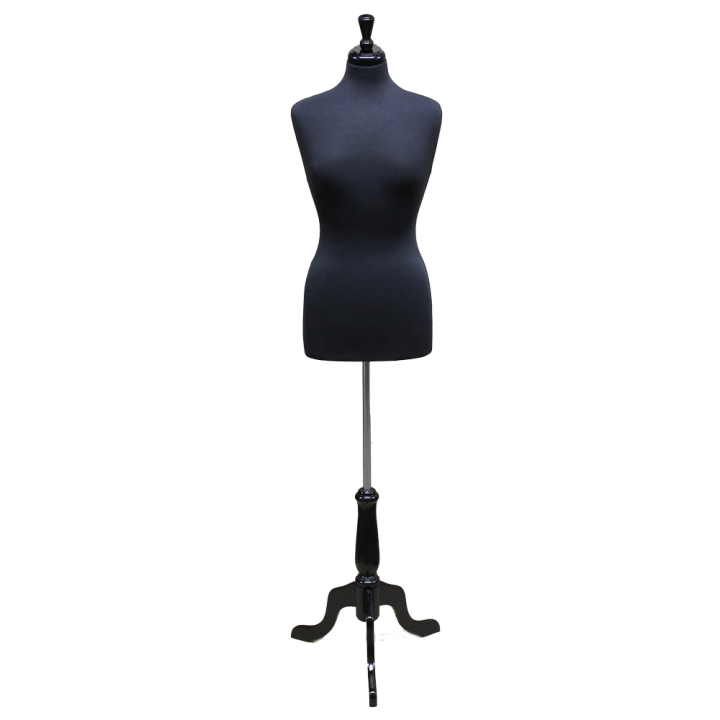 B68B-BK - Size 8/10 Black Female Dress form mannequin Black wooden tripod base