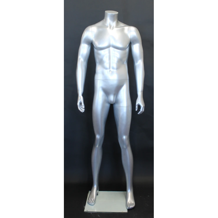 STM001-ST - 5 ft 8 in Matte Silver Headless Full Body Male Mannequin